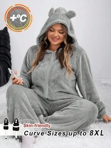 SHEIN CURVE+ 女士新款毛绒连体裤，适合家居服/秋冬 - 灰色 - 查看 1