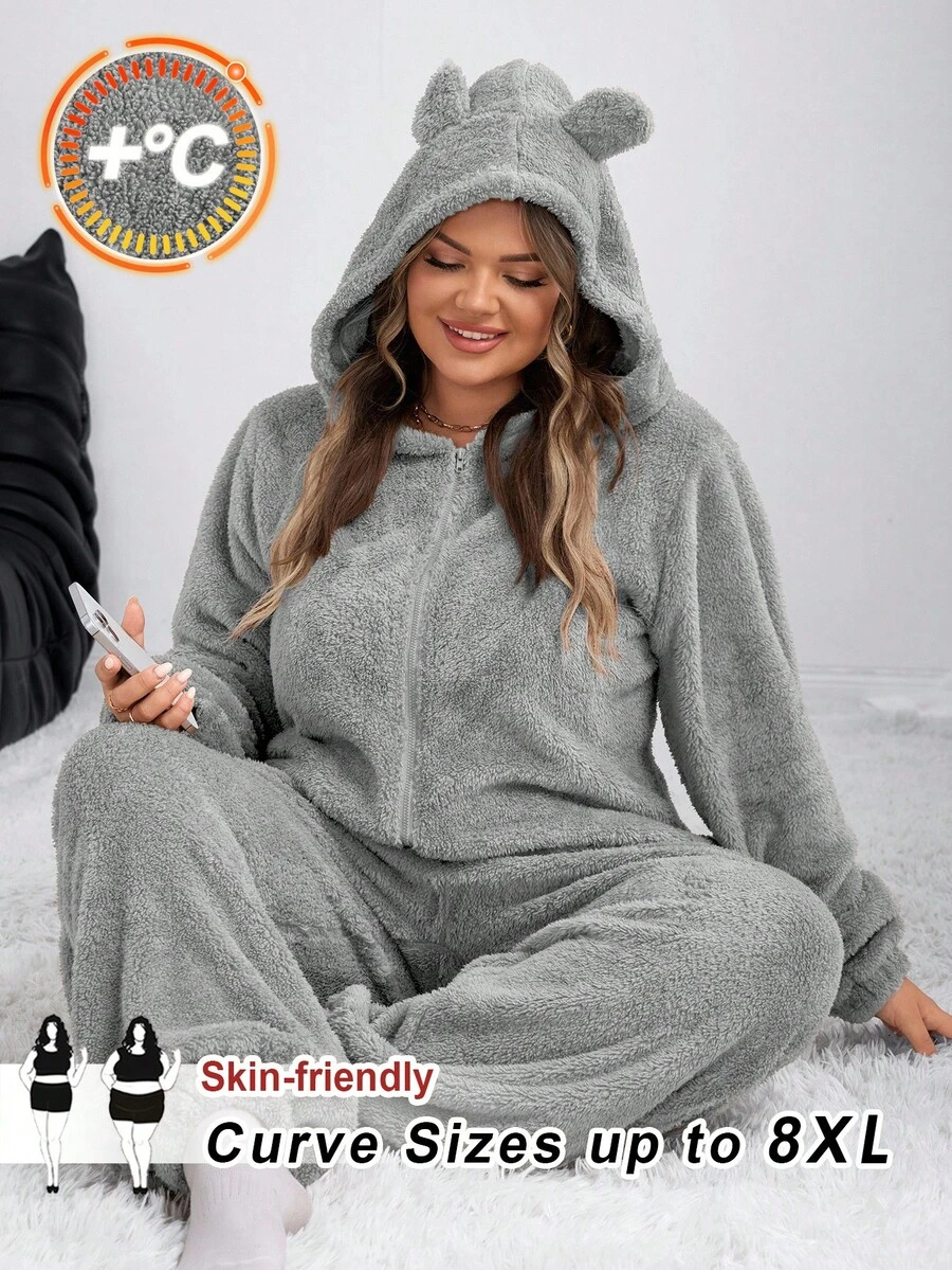 SHEIN CURVE+ 女士新款毛绒连体裤，适合家居服/秋冬 - 灰色 - 查看 1