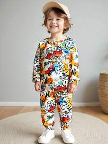 2pcs/Set Young Boy Crew Neck Sweatshirt + Matching Fleece Pants Set, Autumn/Winter - Khaki - View 1