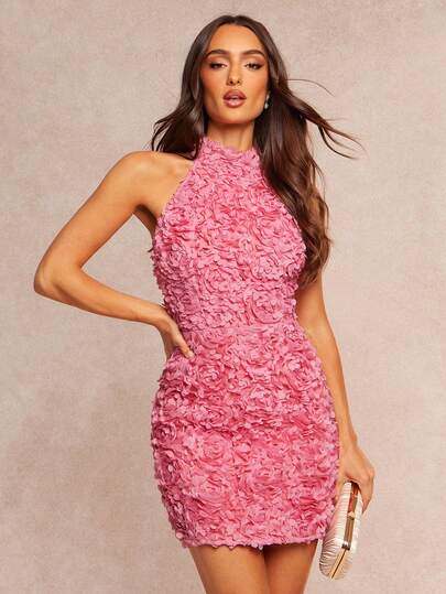 Silquee This Romantic And Elegant Pink 3D Floral Mini Dress Features A Sexy Backless Halter Neck And Exudes A Vacation Vibe, Making It The Perfect Choice For Spring And Summer Outings. It's Not Only A Sophisticated Choice For Valentine's Day But Also Suitable For Various Occasions Such As Valentine's Day, Weddings, Vacations, Dates, Garden Parties, Nightclub Parties, And Elegant Dinners. The Fitted Cut Accentuates The Figure And Showcases Feminine Charm. Elegant And Captivating, It's Not Just The Ideal