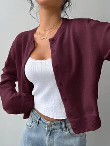 SHEIN BASICS 休闲纯色圆领长袖宽松短款女式毛衣白色开衫，秋冬季上学上衣 - 紫紅色 - 查看 6