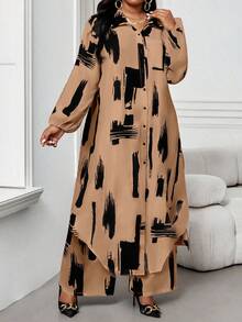 SHEIN Lady CURVE 春夏秋冬休闲优雅工作黑色梭织衬衫领主教袖口袋长袖大码西装春夏优雅通勤办公室大码西装女士夏装度假服装女士度假两件套西装，2件套夏季服装 - 卡其色 - 查看 6