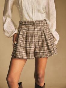 Poéselle Women's Fashion Plaid Pleated Belted Shorts Plaid Skirt Tweed Skirt Belted Skirt - Khaki - View 4