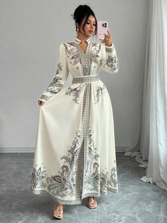 Rafferiza 复古花卉印花 V 领灯笼袖荷叶边下摆连衣裙，适合女士度假和宫廷风格