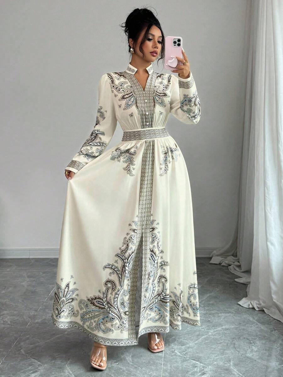 Rafferiza Vintage Floral Print V-Neck Lantern Sleeve Ruffle Hem Dress For Women, Resort & Palace Style