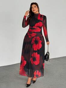 SHEIN Privé Plus Size Black And Red Autumn Elegant Party Cocktail Dress,Floral Mesh Elastic Print,Stand Collar,Shoulder Waist Ruching,Long Sleeve Flared Hem - Multicolor - View 3