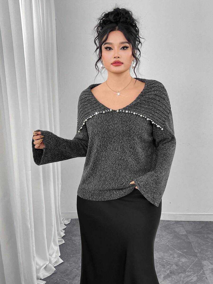 Modelyn Plus Size Elegant Pearl Embellished Flare Sleeve Sweater, Autumn/Winter - Dark Grey - View 1