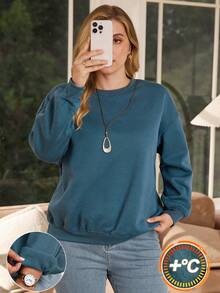 EMERY ROSE Plus Size Solid Crew Neck Thermal Lined Casual Thermal Fall Women Sweatshirts Winter Autumn - Dusty Blue - View 1
