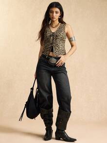 Easelle Vintage Casual Women's Fashionable Leopard Print Lace-Up Lightweight Vest Jacket Bohemia Summer For Women - Brown - View 3