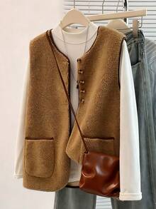 Franclia 全新宽松纯棕色圆领女式背心 - 棕色 - 查看 5