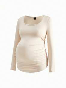 Modmama Maternity Solid Color Square Neck Long Sleeve Ruched Fitted T-Shirt Pregnancy Clothing Maternity Tops Pregnancy Shirts Curve Maternity Clothes Maternity Shirts For Women