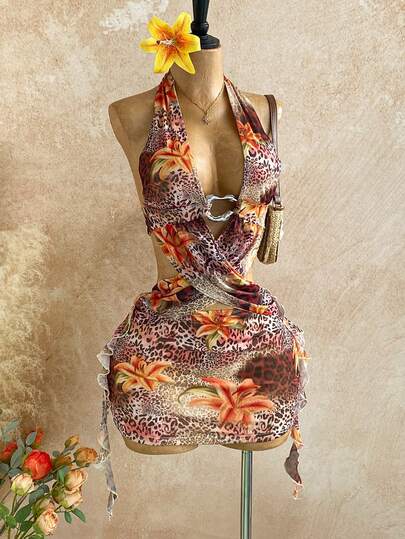 Soleia Casual Women Outfits Dresses For Women Casual Animal Print Sexy Vintage Leopard Zebra Pattern Mixed V-Neck Metallic Tie-Up Backless Cutout Mini Dress For Women, Suitable For Party, Date, Afternoon Tea, Street, Vacation, Music Festival, Beach, Summer Vintage Bathing Dress Floral Print Beach Dress