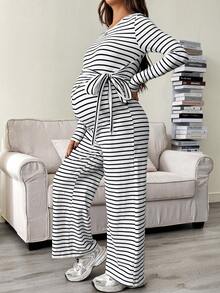 SHEIN Autumn And Winter Maternity Striped Round Neck Long Sleeve Knotted Waist Wide Leg Casual Jumpsuit Maternity Rompers Maternity Jumpsuits For Woman Modest Two Piece Set Pregnancy Clothes Maternity 2 Piece Set