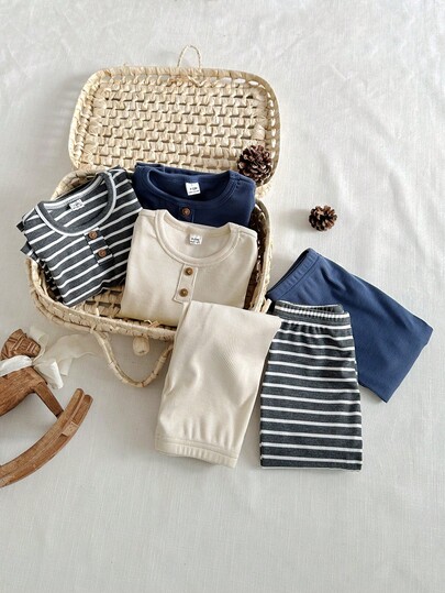 SHEIN 6pcs Set Baby Boy Casual Solid Color Ribbed Front Button Decor Long Sleeve Top And Elastic Waist Pants Set, Soft & Comfortable For Autumn/Winter Everyday Wear