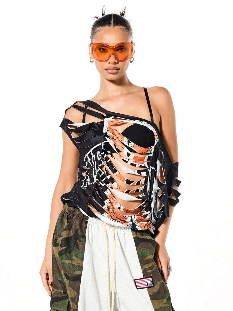 SUMWON WOMEN Slashed Off Shoulder Cut Out Top With Skeleton Print