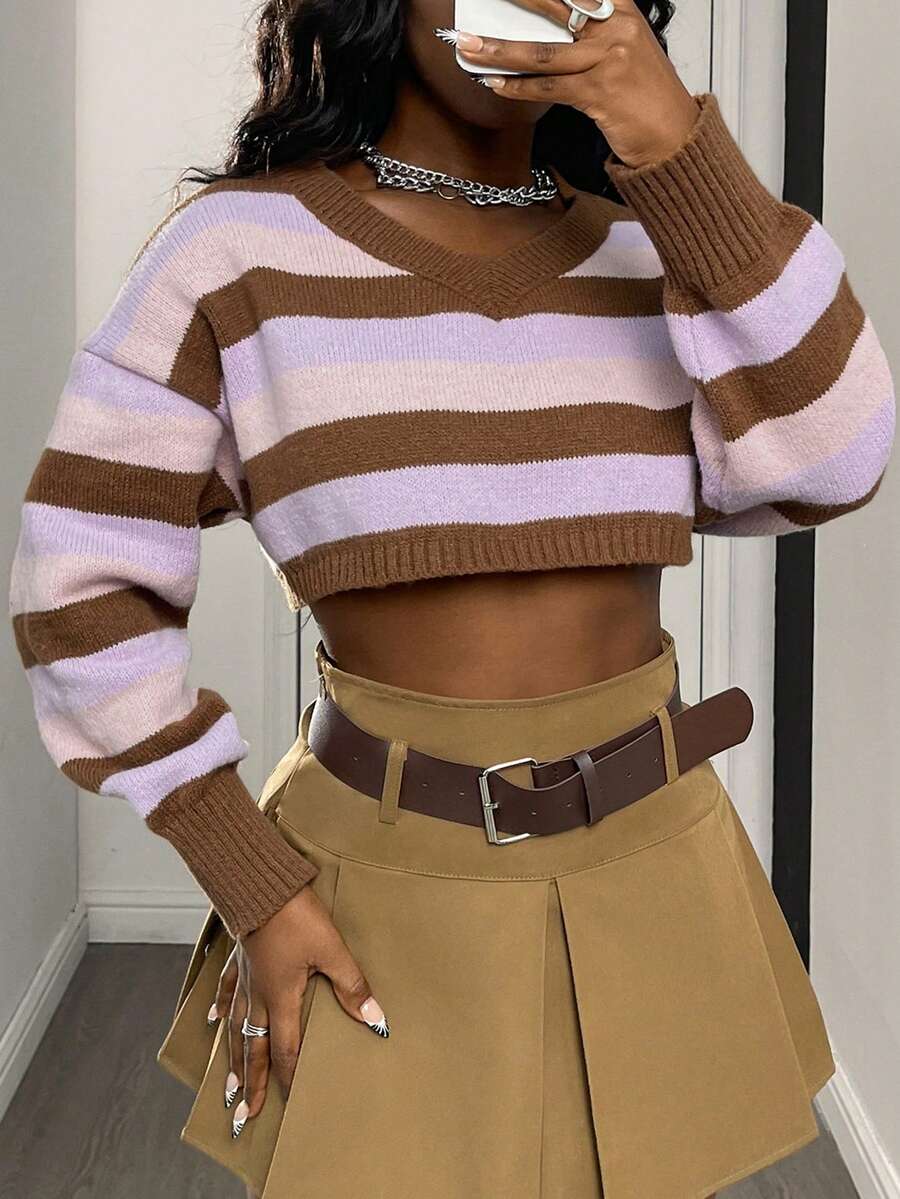 DAZY Áo len dài tay ngắn kẻ sọc nhiều màu sắc dành cho nữ Y2k - Màu Khaki - Xem 1
