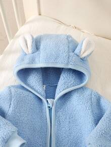 男婴兔耳3D毛绒连帽拉链连体衣 婴儿连帽连体衣 婴儿抓绒连体衣 保暖连体衣 新生儿冬季服装 - 淺藍色 - 查看 4
