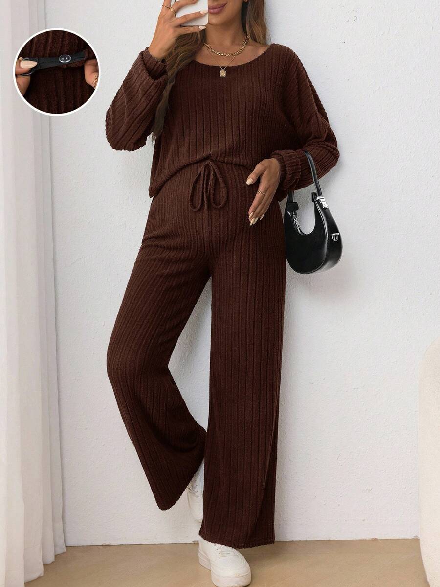 SHEIN 两件套孕妇休闲套装：圆领长袖T恤和可调节抽绳腰带宽松蝴蝶结裤 - 咖啡棕 - 查看 1