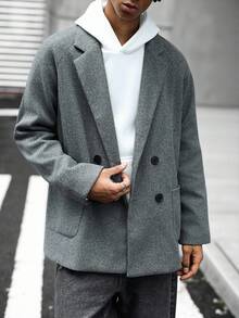 Manfinity Roghcode Men's Fashionable Solid Color Double-Breasted Long Sleeve Overcoat, Autumn Grey Overcoat - Grey - View 1