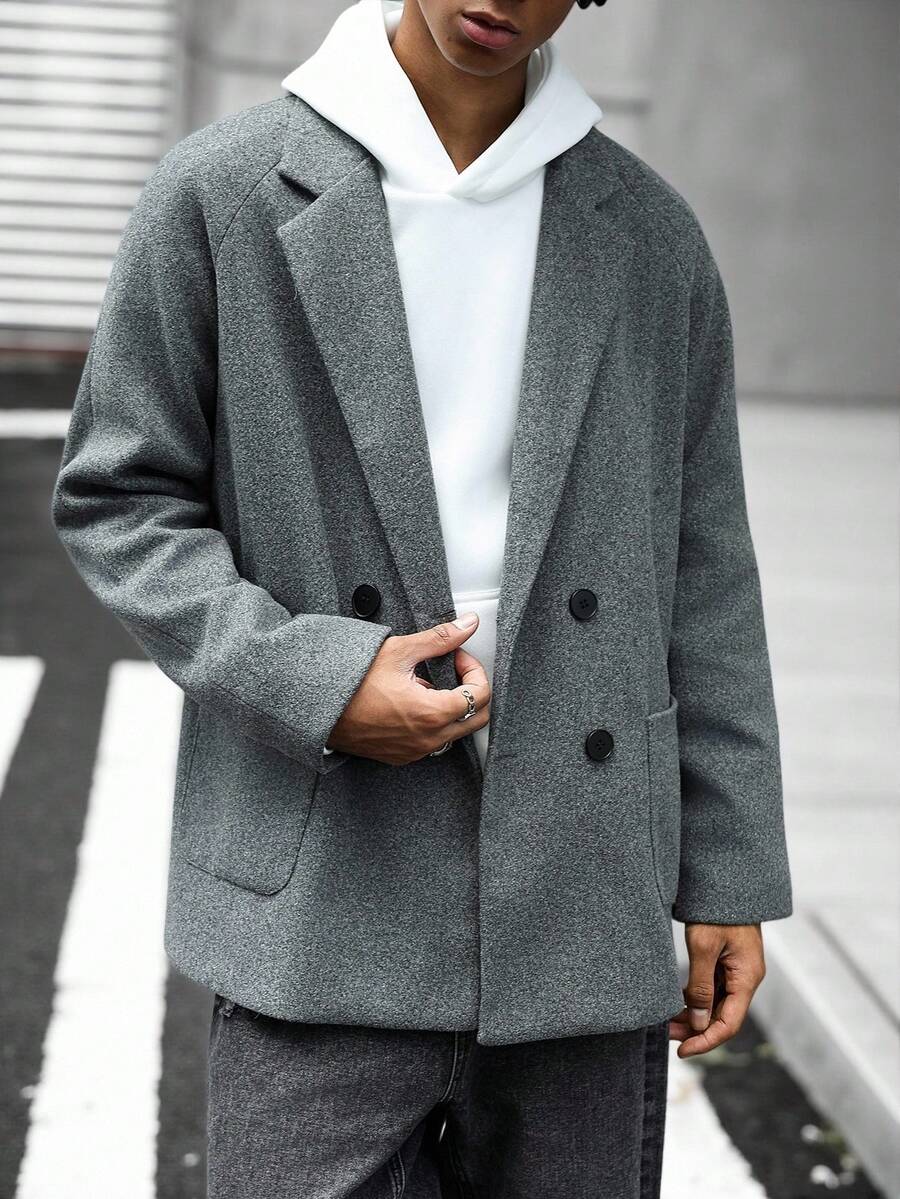 Manfinity Roghcode Men's Fashionable Solid Color Double-Breasted Long Sleeve Overcoat, Autumn Grey Overcoat - Grey - View 1