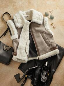 SHEIN X Lucía Bellido Anewsta Plus Fleece Thick Suede Leather Patchwork Turn-Down Collar Vest - Coffee Brown - View 1