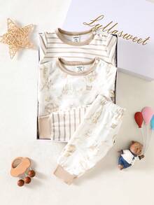 SHEIN Ensemble de 4 pièces de chemise à manches longues et pantalon imprimés de motifs de bébé nouveau-né, convenant aux garçons et aux filles, en tissu confortable, adapté aux activités à la maison et à l'extérieur