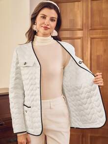 SHEIN Clasi 女式 V 领心形格子绗缝撞色饰边金属纽扣优雅夹克，适合派对、万圣节、感恩节、秋冬 - 黑與白 - 查看 6