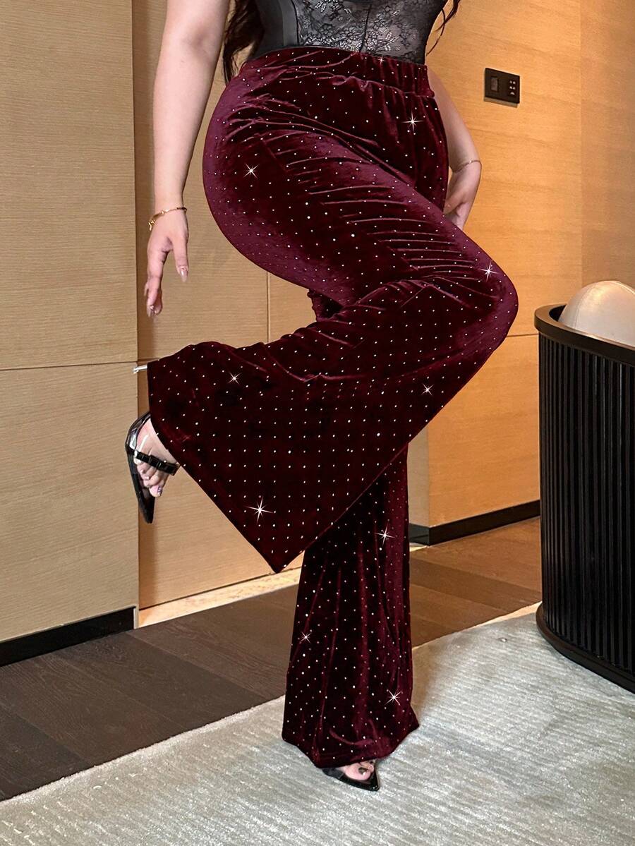 Flirla Plus Size Black Rhinestone Embellished Slim Fit Flare Pants - Burgundy - View 1