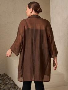 Chikora Plus Size Button-Up Long Sleeve Shirt For Women, Autumn Brown Blouse For Thanksgiving New Year Christmas Winter - Brown - View 3