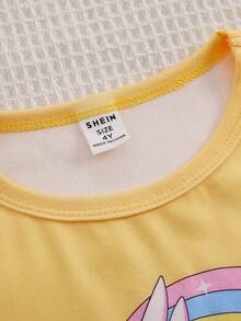 SHEIN Playful Pals 三件套女童可爱独角兽印花睡衣套装，含长袖毛绒外套，舒适保暖，适合秋冬季穿着。 - 黃色 - 查看 4