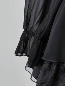 Sunspun Plus Size Contrast Color Ruffle Trim Long Sleeve Shirt Fall - Black - View 5