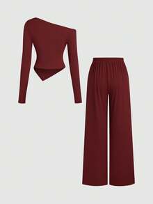 Sweetra 女士新款秋冬百搭百搭两件套，金属装饰不对称露肩长袖上衣和休闲直筒阔腿裤套装 - 紅色 - 查看 2