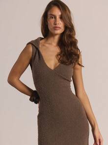 MUSERA Plunge Neck Hooded Sleeveless Knit Split Maxi Dress Winter Casual Going Out Everyday Night Out Sexy Cute Cosy Elegant Party - Coffee Brown - View 2