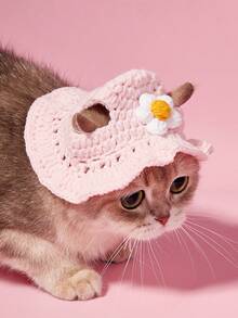 PETSIN 1 件可爱花朵休闲宠物帽子秋冬季手工针织加厚保暖猫狗角色扮演头饰 - 彩色 - 查看 2