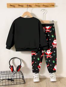 SHEIN Baby Boy Black Christmas Deer Star Christmas Tree Cartoon Pattern Knit Sweatshirt And Pants Set,Cute Matching Family Autumn Warm Comfortable Outfit - Multicolor - View 3