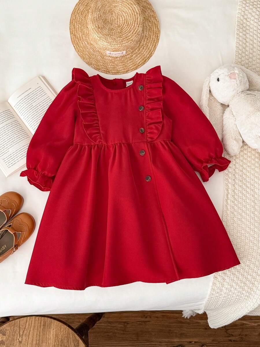 Blossori Gaun Lengan Panjang Berenda Elegan Gaya Prancis untuk Anak Perempuan Muda - Merah - View 1
