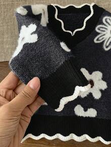 SHEIN LMoss Kids LMoss 女婴花卉图案灰色长袖毛衣，可爱百搭，秋冬 - 彩色 - 查看 3