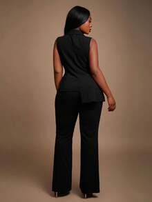 Radiana Plus Size Women's Fall & Winter Elegant Gorgeous Sexy Basic Plunging Neckline Sleeveless Metal Buckle Belted Blazer And Flare Legs Pants Suit Set,Suitable For High Street Style,Urban,Sexy Office