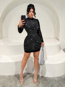 SHEIN SXY Women's Long Sleeve Fitted Mesh Rhinestone Black Sexy Dress, Elegant Dresses ,Xwys5 Discount Code ,Rhinestone Dress,Diamond Dress,Glam Dress For Women ,Sparkly, Slaydiva Dresses ,Jwoww, Bodycon Dress,New Year, Party ,Elegant ,Sexy ,Shiny Dress,Black,Party Dresses For Women,Party Dresses For Women,Dresses For Women Party - Black - View 2