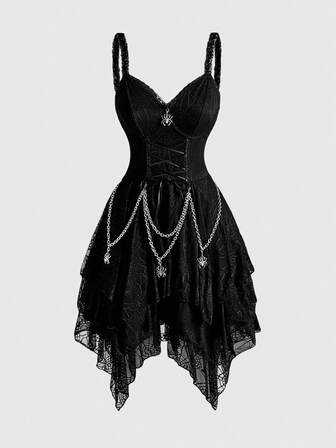 Halloween Goth Detachable Metal Chain Strap Waist Asymmetrical Layered Hem Spider Web Mesh Women Dress