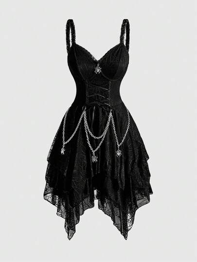 Halloween Goth Detachable Metal Chain Strap Waist Asymmetrical Layered Hem Spider Web Mesh Women Dress