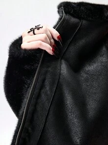 ROMWE 女士秋冬时尚暗黑朋克风格拉链连帽仿皮草夹克 - 黑色 - 查看 14