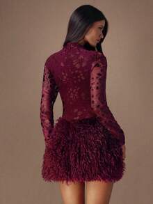 SHEIN BAE 勃艮第长袖高领纹理花卉拼布流苏下摆优雅连衣裙，适合鸡尾酒会、浪漫约会、秋冬分层穿着、聚会、派对、夜总会、万圣节、圣诞节 - 酒紅色 - 查看 2