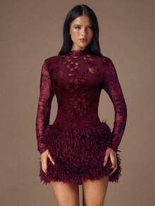 SHEIN BAE 勃艮第长袖高领纹理花卉拼布流苏下摆优雅连衣裙，适合鸡尾酒会、浪漫约会、秋冬分层穿着、聚会、派对、夜总会、万圣节、圣诞节 - 酒紅色 - 查看 5