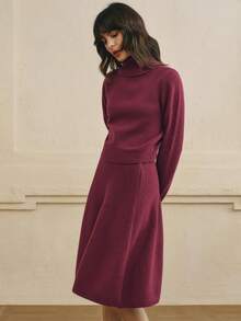 Cévolie 女士优雅针织毛衣和裙子两件套，适合通勤 - 酒紅色 - 查看 4