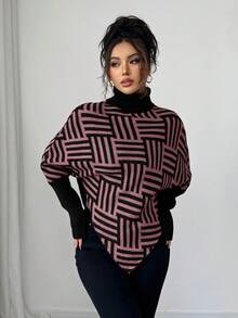 Selianne Women's Elegant High Neck Geometric Textured Poncho Sweater, Colorblock, Suitable For Home & Travel, Spring/Autumn - Pink - View 3