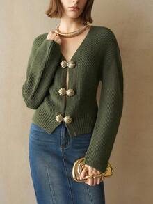 Aveloria 女式合身针织上衣，腰部收紧设计，手工贝壳纽扣装饰，时尚性感，采用摇粒绒面料制成 - 軍綠色 - 查看 6