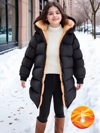 SHEIN 1pc Young Girl Mid-Length Long Sleeve Padded Coat, Plush Lining, Comfortable And Warm, Solid Color Outerwear