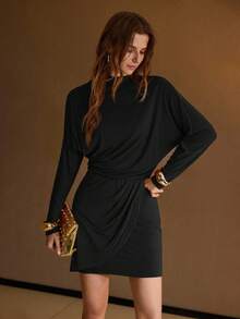 MOTF PREMIUM WOMEN'S KNITTED RUCHED BODYCON DRESS - Black - View 1