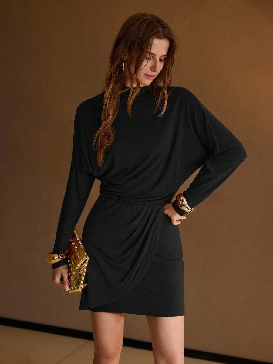 MOTF PREMIUM WOMEN'S KNITTED RUCHED BODYCON DRESS - Black - View 1